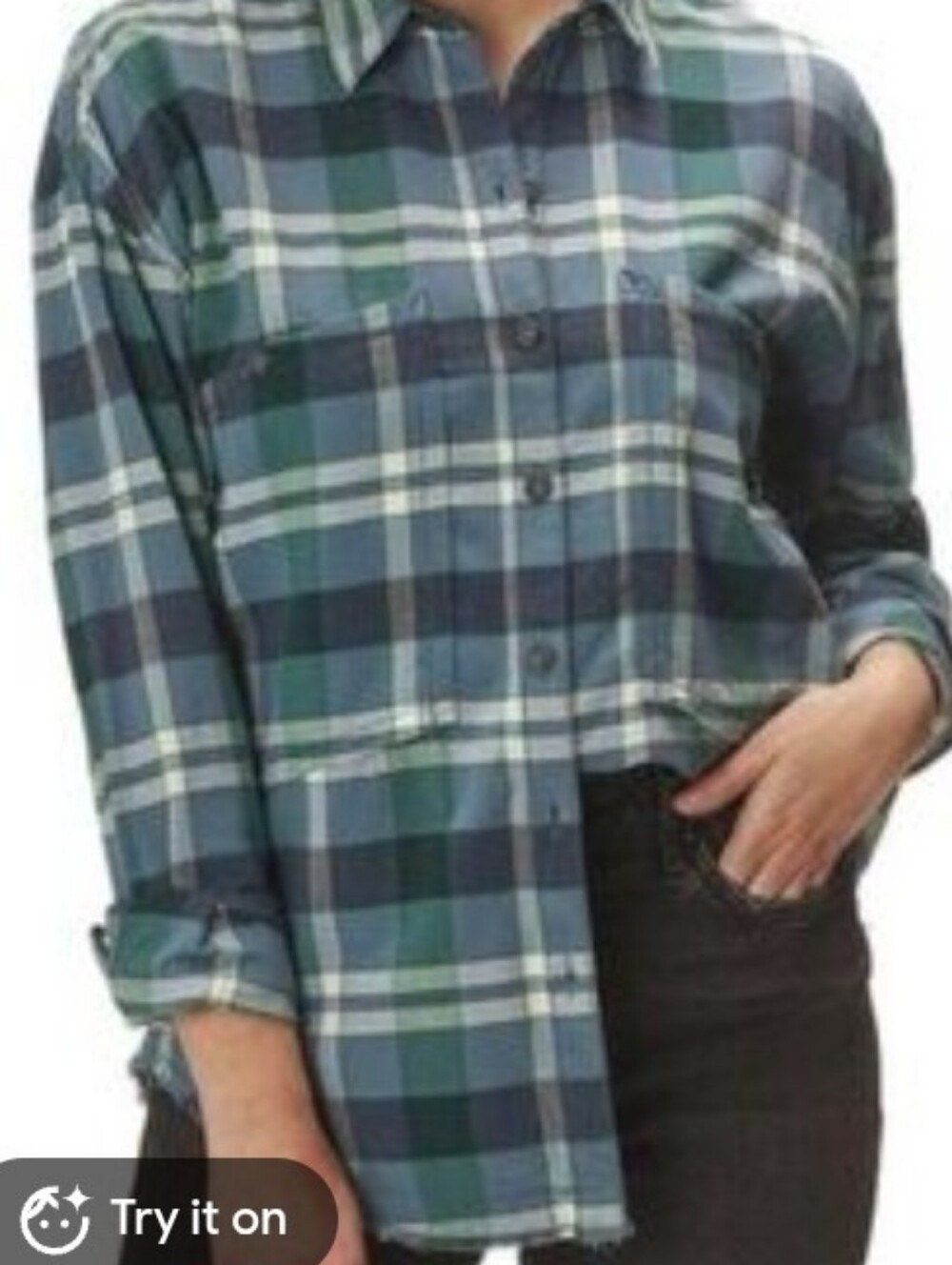 Free People Blue and Green Plaid Button-Down Shirt